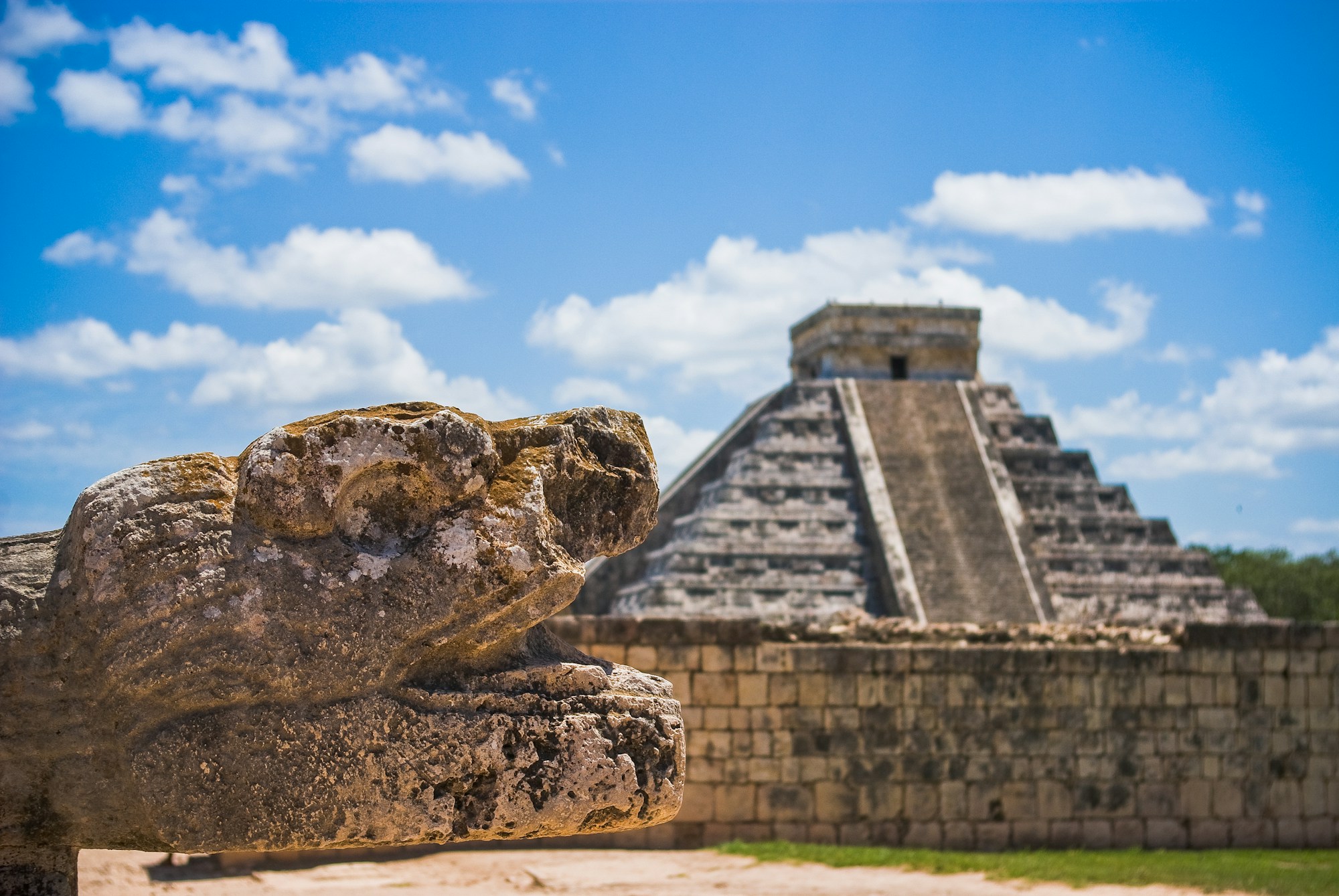 The ancient stone walls of the Great Ball Court at Chichen Itza in the Yucatan peninsula