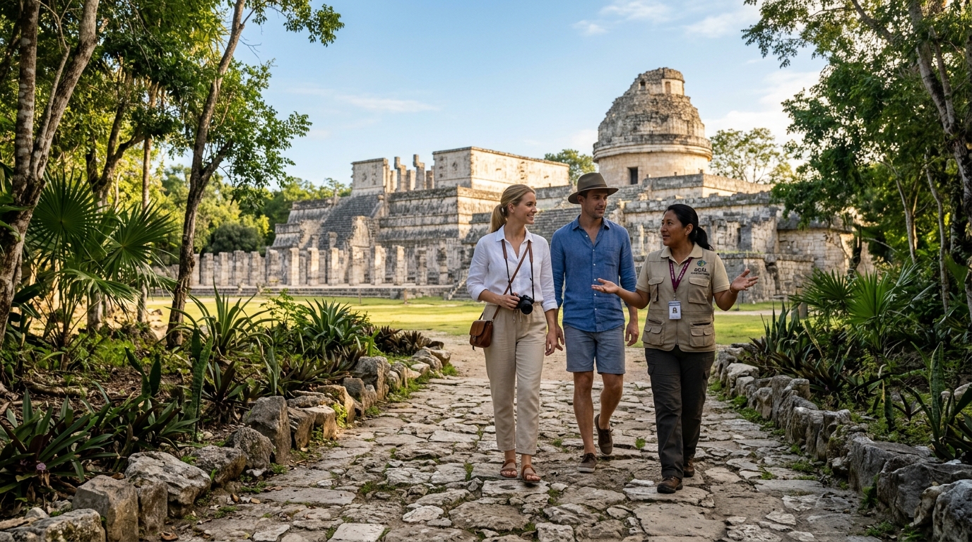 A couple enjoying an exclusive private Chichen Itza tour with a dedicated archaeologist guide near El Caracol observatory